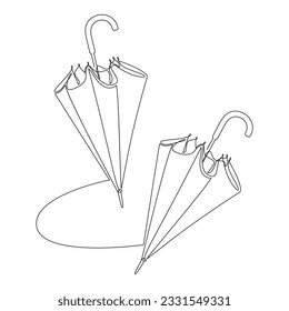 Vector stick umbrella icons set. One line continuous drawing. Doodle illustration. Hand drawn linear silhouette. Graphic design, outline print, banner, card, poster, brochure, shop logo, sign, symbol.
