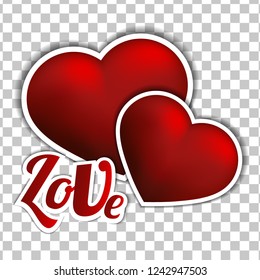 Vector sticker -   2 red heart on the checked background with the inscription - LOVE. Lettering. Vector. EPS10.