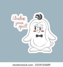 Vector sticker of adorable bird with a bow tie and Under your spell lettering. Printable design. Flat vector illustration. Funny sticker on Valentine's day. Love vibes card for loved one