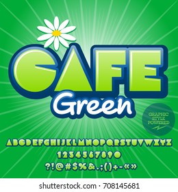 Vector sticker Alphabet. Graphic style font. Text Green cafe