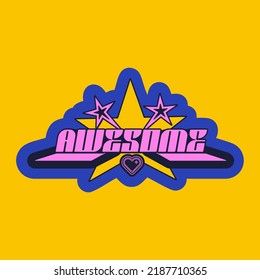 Vector sticker Awesome text inspired by popular Y2k Aesthetic, 90s, 2000s. Posters Template, flyers, Logo Badge, clothes, social media, graphic design, Futuristic, Retro Futurist