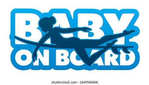 Vector sticker Baby on board. Silhouette of a surfer girl. Isolated on white background.