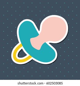 Vector sticker with baby stuff. Bottle for newborn on dots dark background
