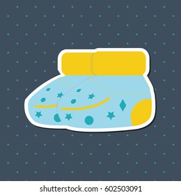 Vector sticker with baby stuff. Bottle for newborn on dots dark background