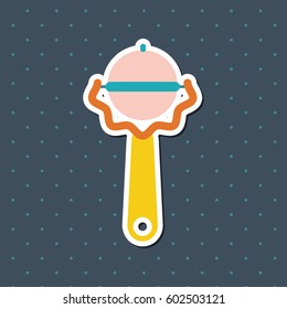 Vector sticker with baby stuff. Bottle for newborn on dots dark background