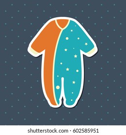 Vector sticker with baby stuff. jumpsuit for newborn on dots dark background