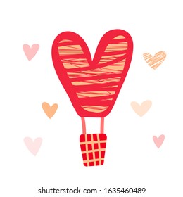 Vector sticker balloon in the shape of a heart. Vector illustration of love in the air for Valentine's day in flat style. Red heart shaped balloon and heart decoration on a white background.