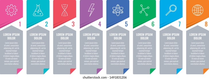 banner de pegatina vectorial. plantilla de banner de símbolo de ciencia. plantilla de banner de ocho pasos