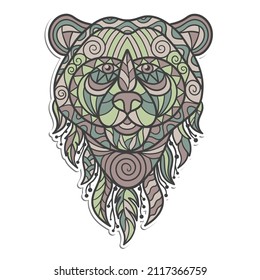 Vector sticker with a bear's head with abstract patterns in ethnic style, isolate on a white background