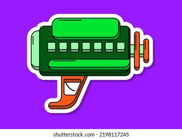 Escándalo de pegatinas vectoriales al estilo de las caricaturas. Un arma de juguete colorida y aislada para los niños. 