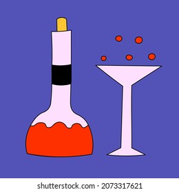 vector sticker - bottle and glass of wine. Hand drawn tattoo template. Element for postcard and pattern. Alcoholic drink for party and celebration. Funky groovy style