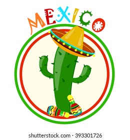 Vector sticker cactus in a sombrero with maracas on the flag of Mexico