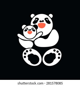 Vector sticker and card with happy father panda and child panda. Vector sticker and card with happy mother panda and child panda. Happy father's day. Happy mother's day