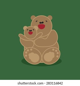 Vector sticker, card with happy mother and child brown bear