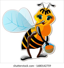 Caricatura de abejas vectoras con un cubo de miel. Una imagen alegre de una abeja es una impresión para cualquier ropa infantil, ilustración de libros, postales.