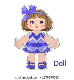 Dibujo con pegatinas vectoras pequeñas muñecas lindas niñas en un vestido de verano para niños de preescolar y primaria, tarjeta de saludo con zine, tarjeta, muñeca de texto, libro de texto