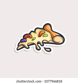 Vector sticker with cartoon pizza slice isolated on white. Hand drawn illustration with fast food object in comics style.