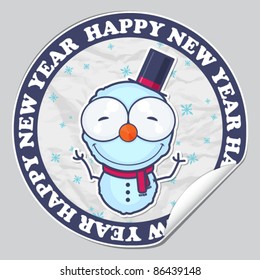 Vector sticker with cartoon snowman on a paper background.