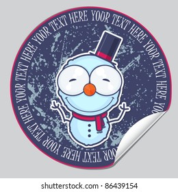 Vector sticker with cartoon snowman. Place for your text.