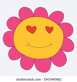 vector sticker chamomile with face.Quirky flower character for valentine's day.60s and 70s hippie tattoo template.Bizarre monster. romantic smiley in love.Funky groovy botanic monster.Childish style