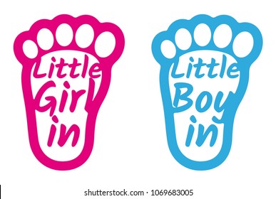vector sticker child footprint pink and blue with text: Little baby girl in. Little baby boy in.