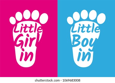 vector sticker child footprint pink and blue with text: Little baby girl in. Little baby boy in.