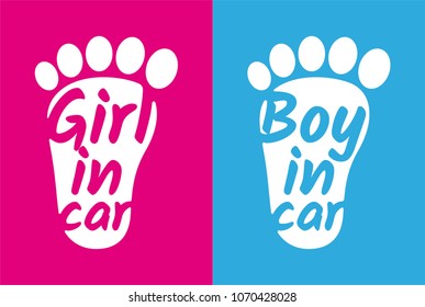 Vector sticker child footprint pink and blue with text: Girl in car. Boy in car.