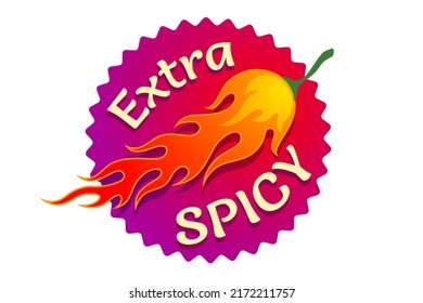 Vector sticker with chili pepper in fire for spicy food. Vector banner of chilli pepper for Mexican, Indian or Thai food.