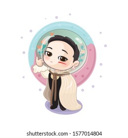vector sticker of Chinese singer Hua Chen Yu, illustration of a little prince, cute chibi with aquarium on his head on the background of the moon planet, astronaut in a cloak isolated on white print