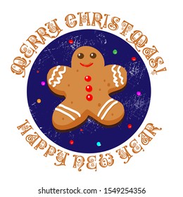 Vector sticker of christmas sticker with gingerbread house. For the design of postcards and cards