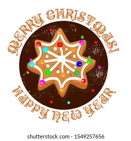 Vector sticker of christmas sticker with gingerbread house. For the design of postcards and cards