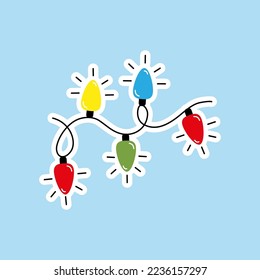 Vector sticker of Christmas lights . Merry Christmas and happy New Year. Illustration in flat style.