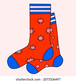 vector sticker - christmas socks with print. New Year's home clothes. Patterned wool socks. Element for pattern and postcards. Hand drawn vibrant