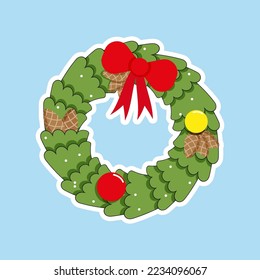 Vector sticker of christmas wreath. Merry Christmas and happy New Year. Illustration in flat style. 