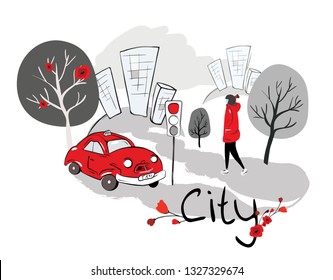 Vector sticker of city. Hand drawn design with red car and skyscrapers