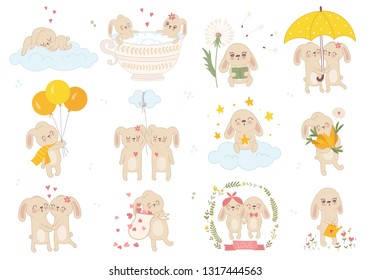 Vector sticker collection with cute spring rabbits. Perfect for baby shower, postcard, label, brochure, flyer, page, banner design. Spring holidays, Woman’s day, Easter, Valentine’s
