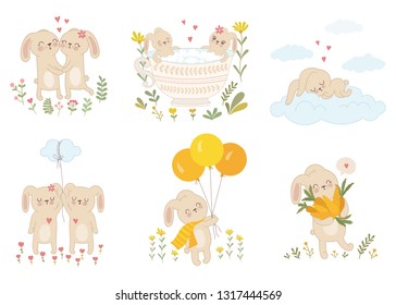 Vector sticker collection with cute spring rabbits. Perfect for baby shower, postcard, label, brochure, flyer, page, banner design. Spring holidays, Woman’s day, Easter, Valentine’s
