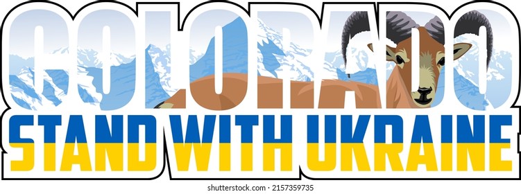 Vektor-Aufkleber "Colorado Stand with Ukraine" mit Bighororino-Schafen und -Bergen