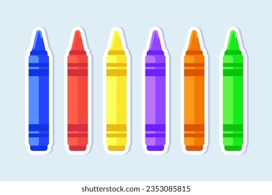 Vector sticker of colorful wax crayons for kids. Minimalistic icons of wax crayons in red, yellow, orange, blue, green and purple colors.