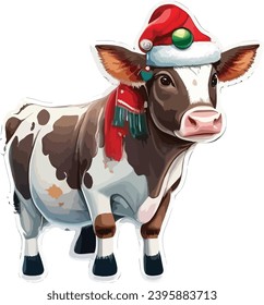 Vector sticker Cow wearing a Christmas cap