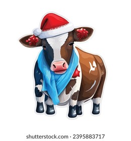Vector sticker Cow wearing a Christmas cap