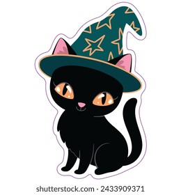 Vector sticker with a cute black cat in a wizard's hat. A child's character with big eyes and a kind face, a symbol of magic and the Halloween holiday.