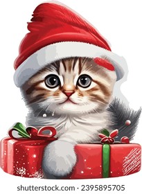 Vector sticker of a cute cat wearing a Christmas cap