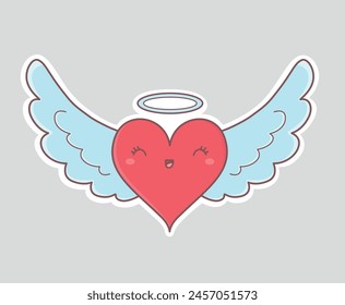 Vector sticker of a cute heart with wings. Perfect for Valentine's Day crafts, romantic decor, and heartfelt designs. illustration for sticker, pin, card, poster, retro doodle cartoon