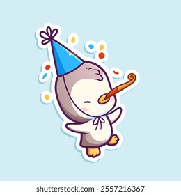 Vector sticker with cute little penguin blowing a party blower. Funny cartoon animal character on celebration. Joyful celebration.