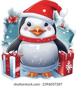 Etiqueta vectorial de un pingüino lindo con gorra de Navidad