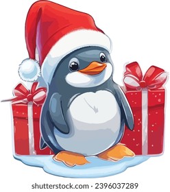 Vector sticker of a cute penguin wearing a Christmas cap