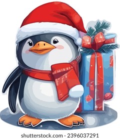 Vector sticker of a cute penguin wearing a Christmas cap