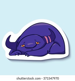 Vector sticker with cute sad monster on blue background. Little blue sad monster is laying. Bad mood. Tired. Sad and unhappy.