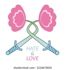 Etiqueta vectorial que representa espadas y flores.